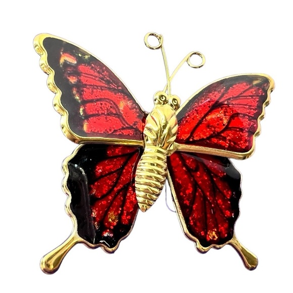 Vintage Jewelry - Vintage Goldtone & Red Enamel Butterfly Brooch 1970s Retro